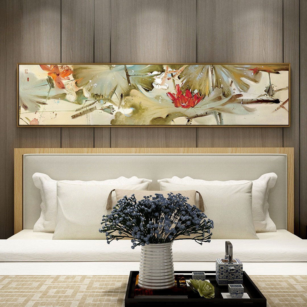 百特好广也水墨荷花装饰画新中式客厅挂画古风卧室床头墙壁画横版