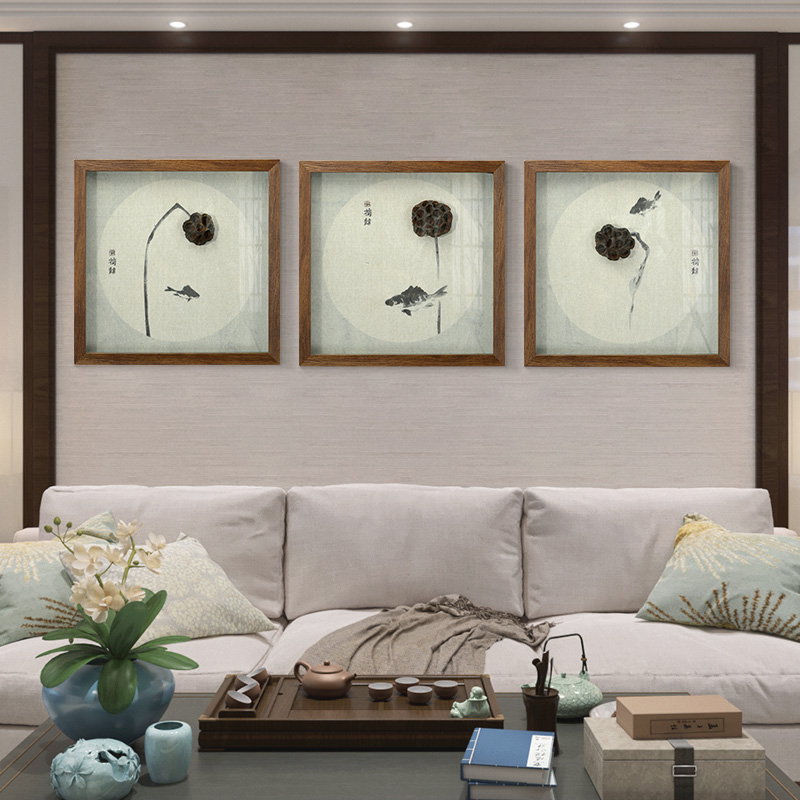 百特好实物画立体画新中式客厅挂画莲蓬画鱼餐厅装饰画三联画壁画图片