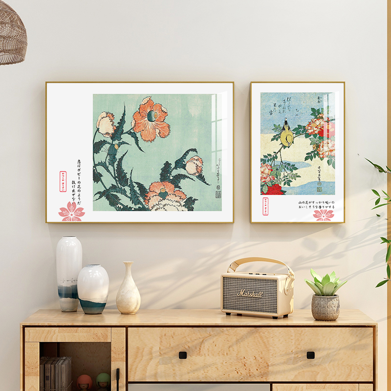 日式浮世绘玄关风景装饰画日本过道花卉挂画日系原木风客厅壁画图片