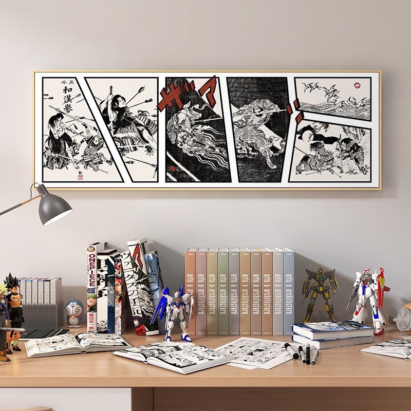 日式浮世绘黑白武士客厅装饰画日本原木风餐厅挂画书房书桌壁画