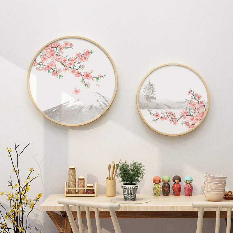 日式樱花圆形玄关装饰画日本浮世绘富士山餐厅挂画日系饭厅壁画图片
