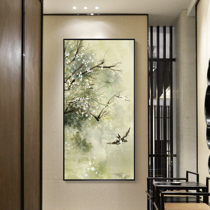 妩酥新中式入户玄关装饰画大幅竖版风景挂画工笔花鸟走廊墙面壁画_虎窝淘