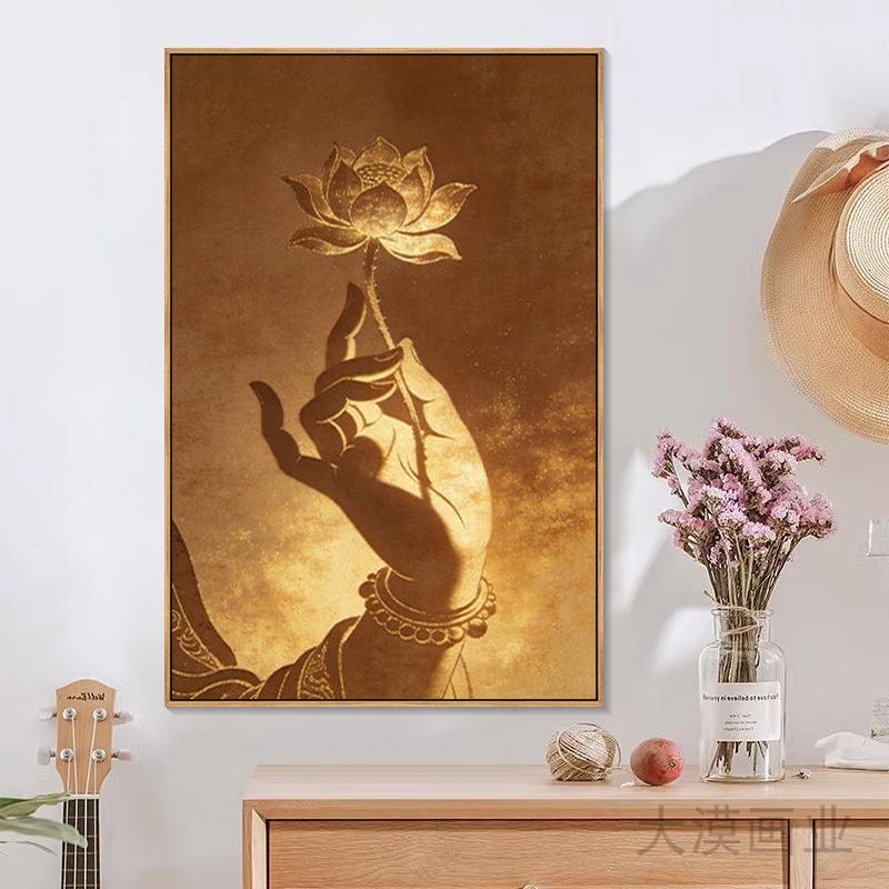 新中式禅意拈花佛手装饰画spa养生会所玄关过道挂画餐厅酒店壁画