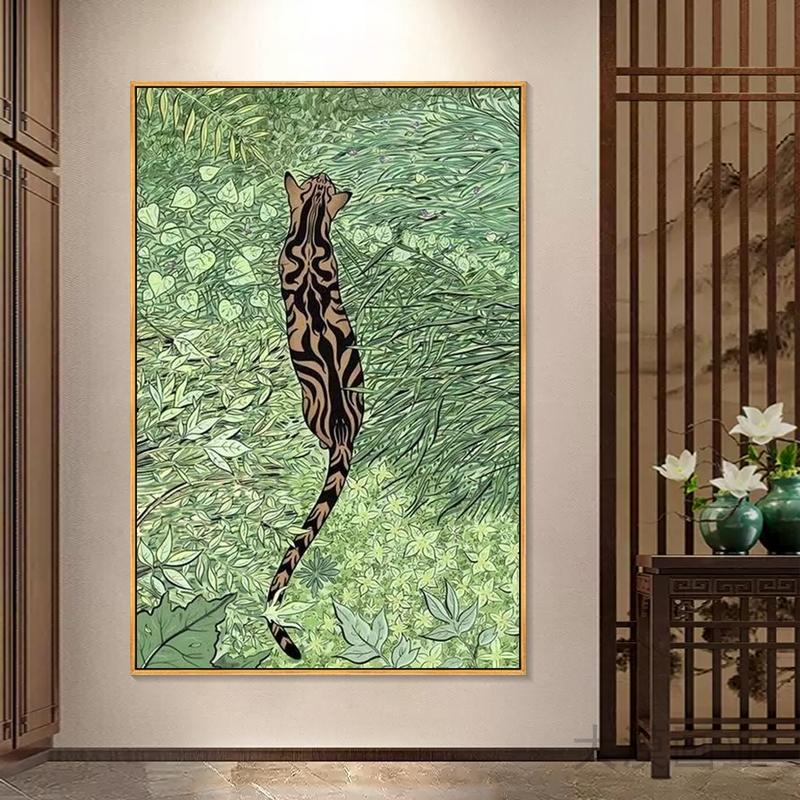 抽象橙色老虎小众艺术装饰画客厅入户玄关复古动物中古挂画