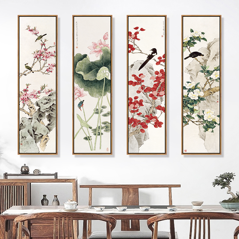 花鸟挂画荷花梅花国画禅意画四条屏客厅装饰画饭店包间壁画窄长竖图片