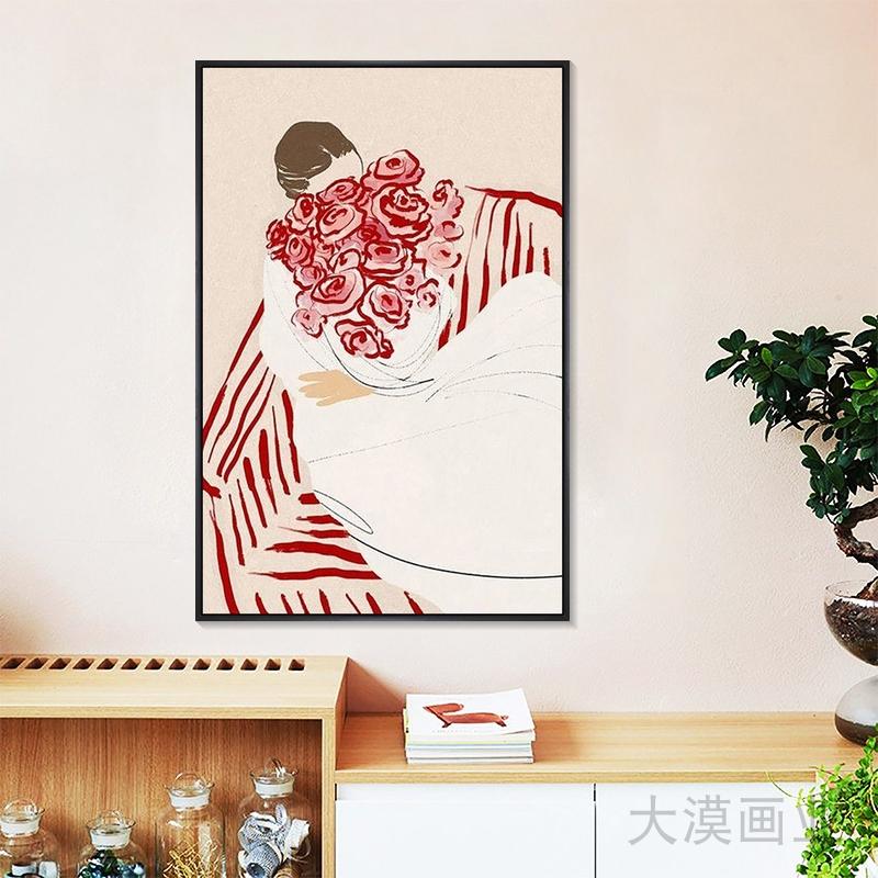 粉色奶油风客厅沙发背景墙装饰画治愈系人物餐厅饭厅壁画玄关挂画