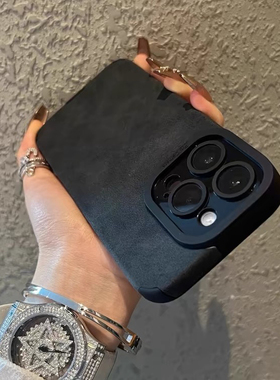 黑色翻毛皮适用苹果16pro手机壳iPhone15promax小米14华为mate60荣耀100vivox200k50p70nova13reno11note12女