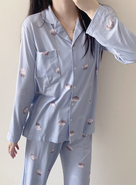 仓鼠印花日单睡衣女式家居服分体式套装春夏新款薄款睡衣长袖裤子