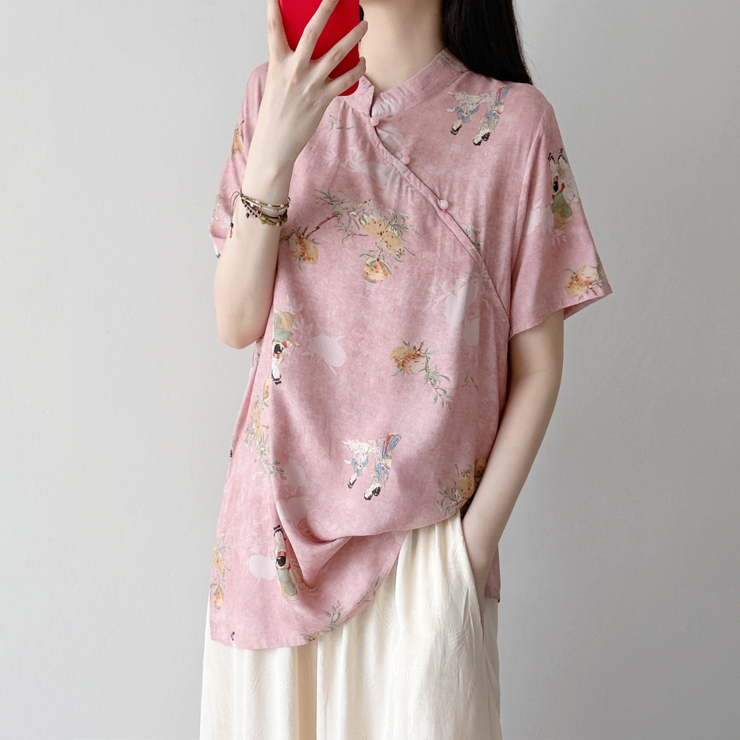 舒适棉绸新中式旗袍上衣女 2026夏季大码盘扣显瘦人造棉短袖上衣图片