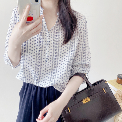 清新气质~碎花纯棉衬衫女中袖宽松薄款上衣微胖百搭衬衣春夏新款