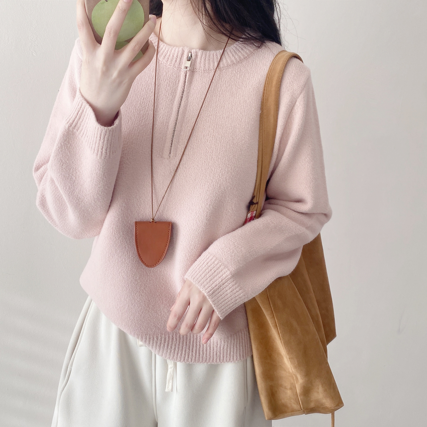 不起球圆领半拉链显瘦休闲毛衣女 净色软糯宽松大码针织衫上衣冬