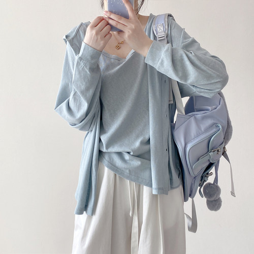 松弛氧气感纯棉连帽防晒服开衫外套女大码高个子薄款纯色宽松夏季