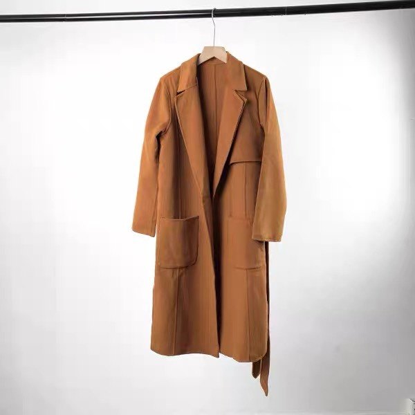 韩版女士双面呢大衣春秋款休闲百搭纯色西装领系带收腰外套中长款