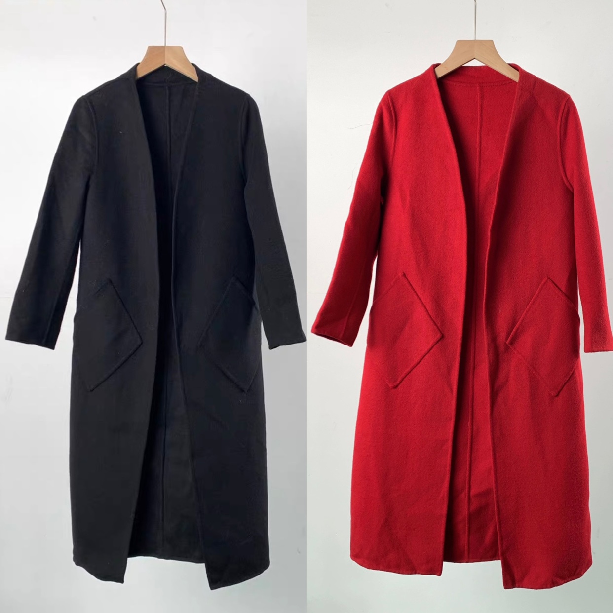 双面毛呢女士外套80%羊毛中长款宽松无扣V领九分袖气质毛呢大衣