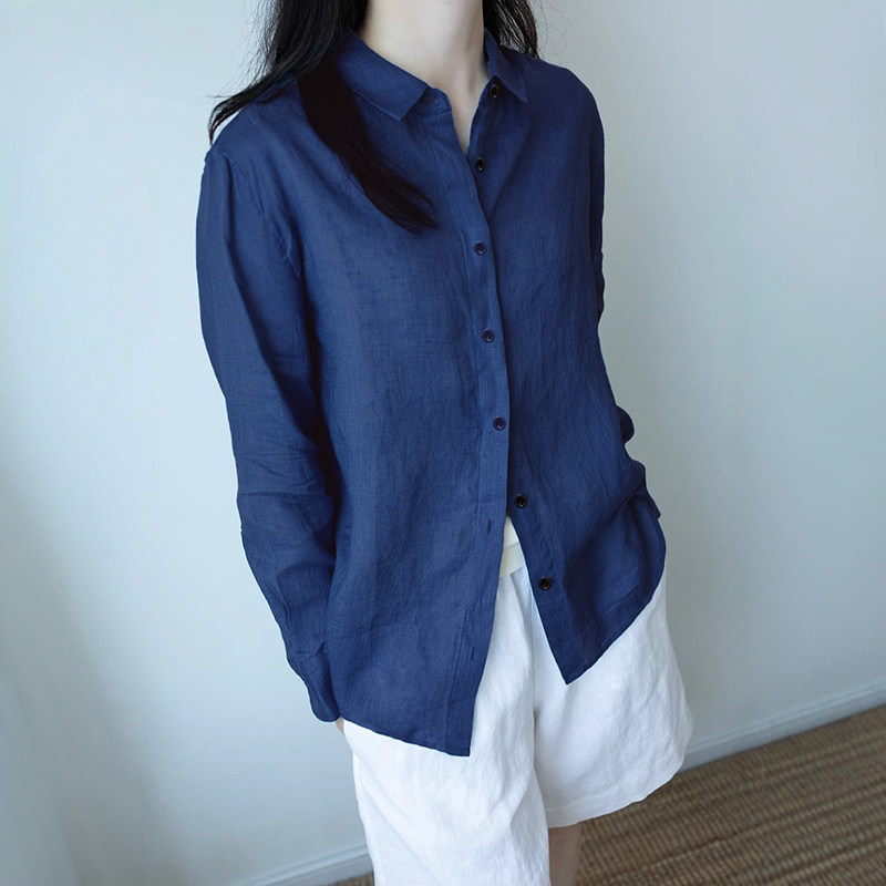 纯棉衬衣亚麻职业时尚上衣春秋新款方领纯棉衬衫女设计感复古长袖