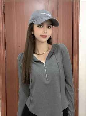 连帽卫衣女2024春秋新款小众设计感短款大码纯棉外套长袖显瘦上衣