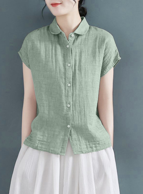 短袖衬衫女夏季纯棉圆领设计感宽松小飞袖棉麻衬衣大码亚麻上衣潮