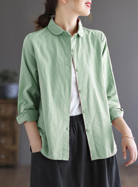 圆领纯棉衬衫女春秋新款设计感复古长袖棉麻衬衣亚麻职业时尚上衣