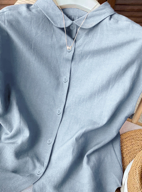 欧若风洋气精致短袖夏季纯棉宽松圆领小飞袖棉麻衬衫大码亚麻上衣