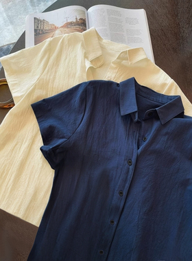 棉麻蓝色短袖衬衫女夏季2025新款薄款宽松休闲藏青色亚麻衬衣上衣