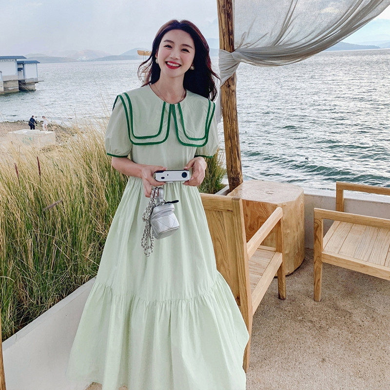 双层娃娃领绿色连衣裙女夏清纯甜美气质显瘦小清新减龄法式长裙子,女装连衣裙,浙宝228