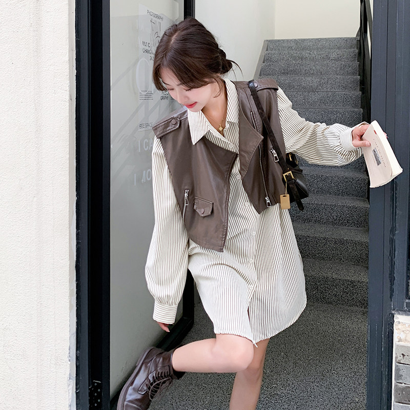 【现货+买秀】流行皮衣马甲+条纹衬衫套装女228-A178P135K188，女装连衣裙，浙宝228