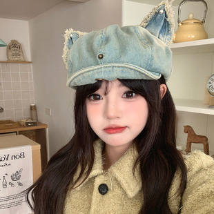 可爱耳朵做旧复古牛仔贝雷帽甜酷报童帽显脸小大头围八角帽子百搭