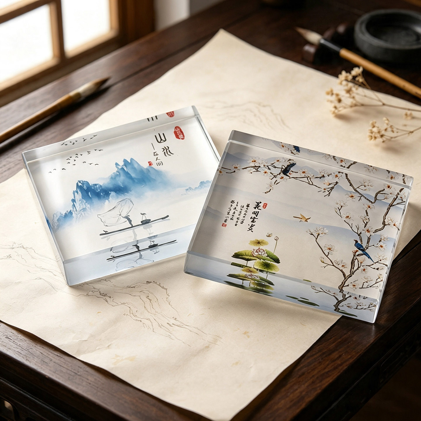 国风山水画水晶方形镇纸