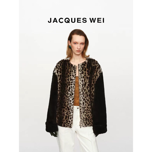 JACQUES WEI 26AW 秋冬复古拼接毛绒豹纹宽袖高级感皮草短外套W13