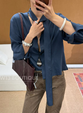 天丝V领藏蓝飘带通勤衬衫