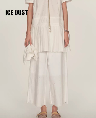 ICEDUST镂空小花抽绳九分裤女25PF系列夏季刺绣直筒宽松休闲裤子