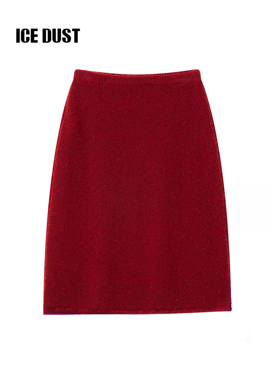 ICEDUST 圈圈毛纱半身裙女25FW冬季新款绵羊毛针织红色中长款裙子