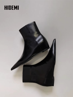 HIDEMI 经典复古美拉德风开边珠牛皮尖头切尔西短靴内增高中缝靴