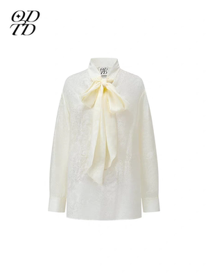 【设计师女装】ODTD秋季新款腰果花雪纺系带高领蝴蝶结衬衫上衣女
