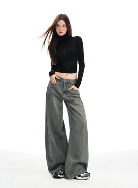 野原白25秋冬季新款设计款中腰重工水洗宽松大阔腿牛仔裤女