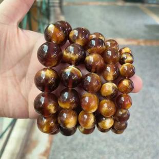 天然蜜蜡手串俄料沁色妖花虎皮溶洞琥珀圆珠单圈男士女款手链饰品
