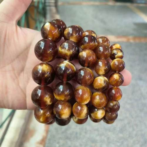 天然蜜蜡手串俄料沁色妖花虎皮溶洞琥珀圆珠单圈男士女款手链饰品