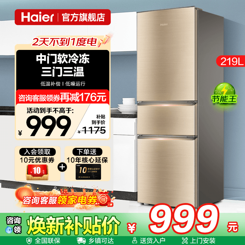 Haier海尔冰箱219升三开门家用小型出租房用两门二人电冰箱旗