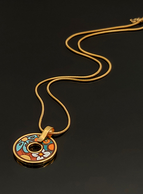 欧美风油画珐琅彩环形平安扣镀18k金女景泰蓝项链吊坠毛衣链礼物