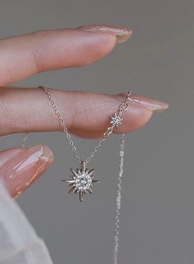 跨境爆款s925纯银太阳花项链女高级感轻奢星芒吊坠锁骨链饰品批发