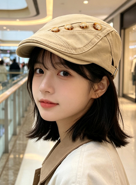 复古纽扣前进帽女百搭显脸小贝雷帽春秋大头围帽子文艺复古鸭舌帽