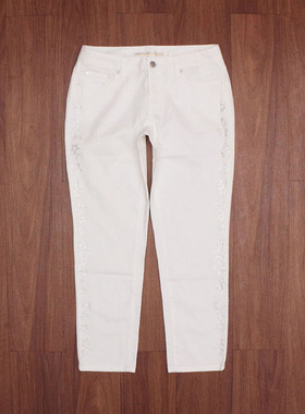 夏季白色牛仔九分裤修身大码直筒牛仔裤胖MM烫亮片八九分 外贸M家