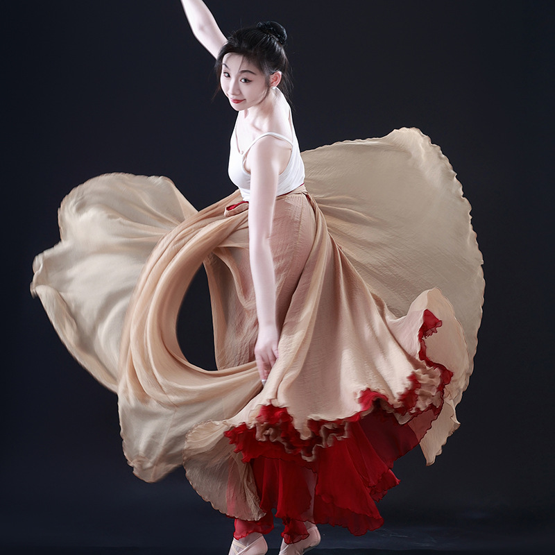 900度天丝系带大摆裙女半身舞蹈裙古典新疆现代民族舞演出练功服