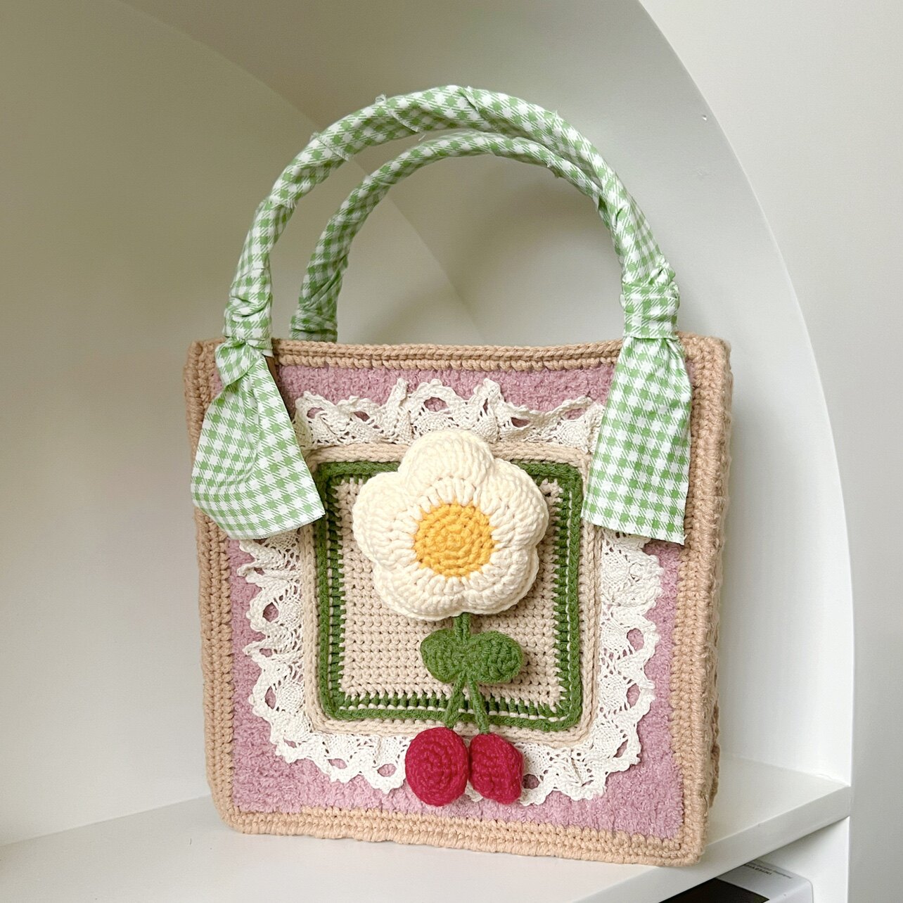 ROSES PLACE OF LIFE CHILDLIKE RETRO CHERRY BLOSSOM KNITTED BAG DIY HANDMADE CROCHET WOOL MATERIAL BAG INS KOREAN