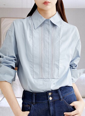 の[CYC565744AG]优雅女总监 门襟塔克重工珠链全棉通勤衬衫上衣女