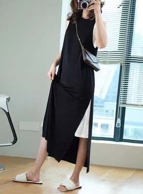 LOKA LURA 显瘦一步到位~小心机黑白叠穿假两件 侧开叉莫代尔