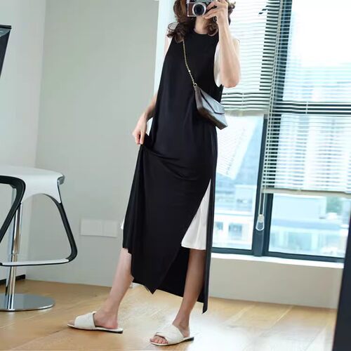 黑白叠穿显瘦两件套连衣裙中长款