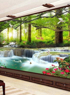 钻石画2025新款绿色大树森林瀑布山水风景满钻十字绣流水生财点钻
