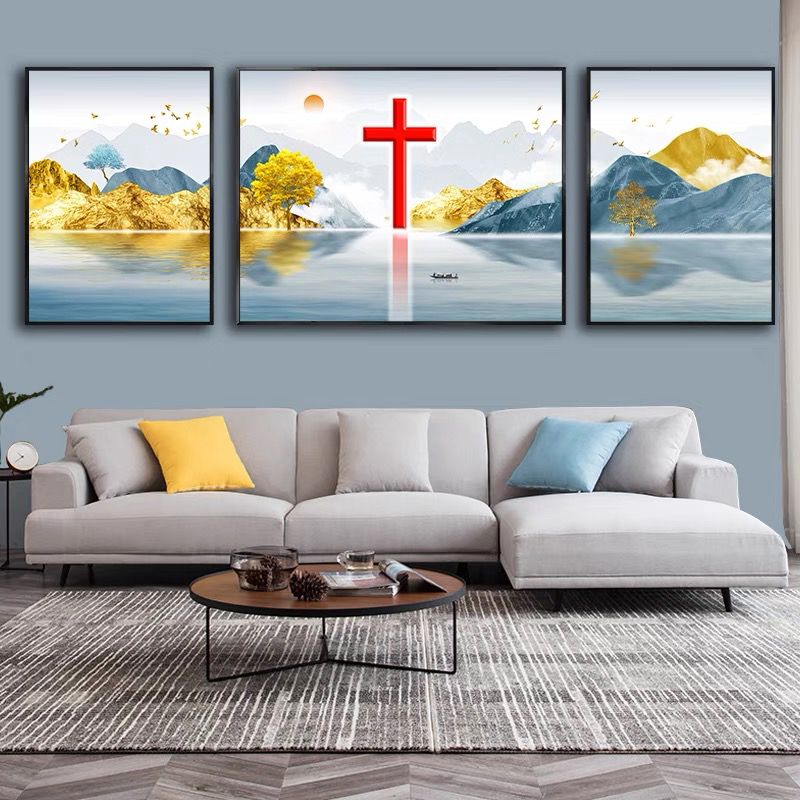 十字架钻石画2024新款满钻客厅大气三联画风景山水点钻十字绣全贴