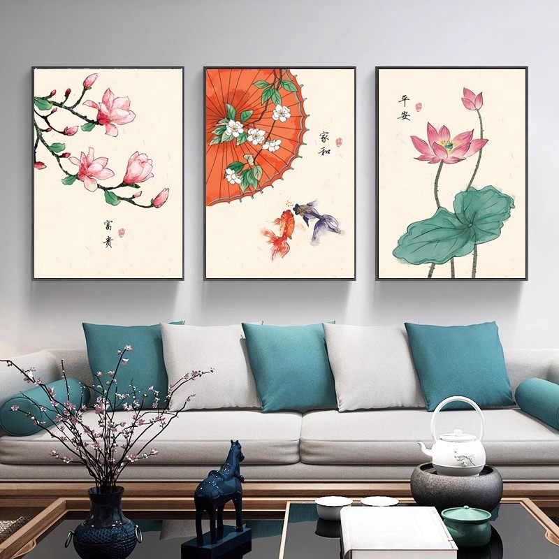 中国风客厅钻石画2025新款满钻三联画中式餐厅富贵平安点钻十字绣